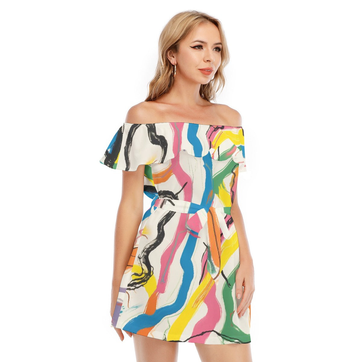 All-Over Print Women's Off-shoulder Dress With Ruffle