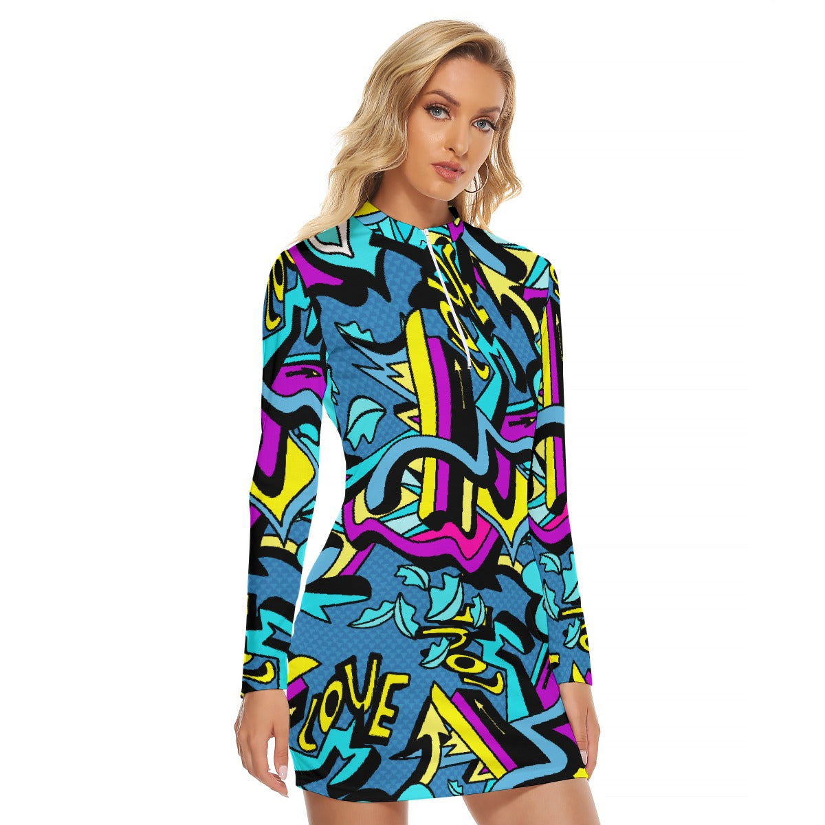 All-Over Print Women's Zip Front Tight Dress