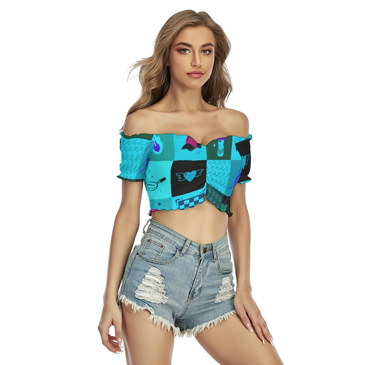 All-Over Print Women's One-shoulder Off-the-navel Short Sleeve T-shirt