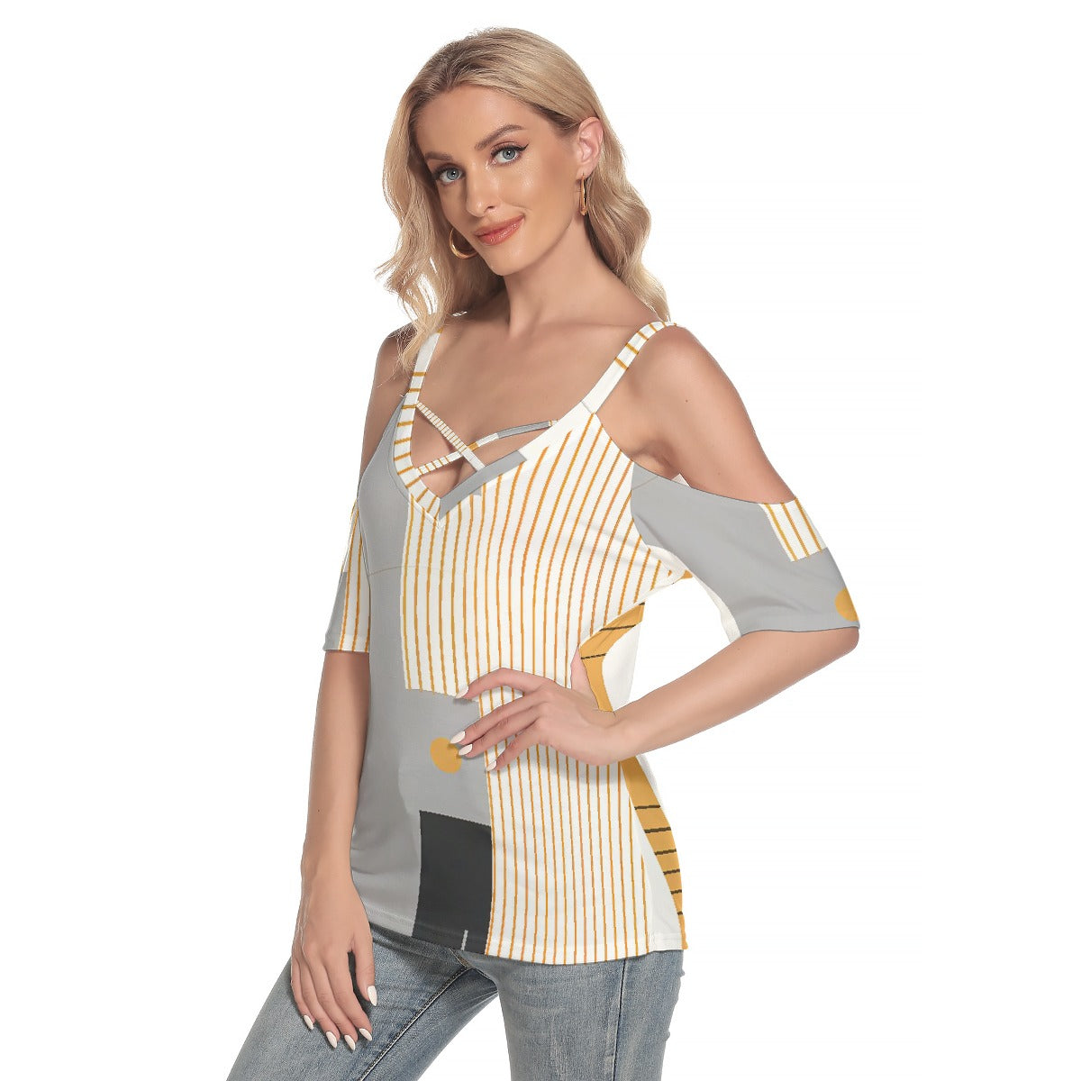 All-Over Print Women's Cold Shoulder T-shirt With Criss Cross Strips