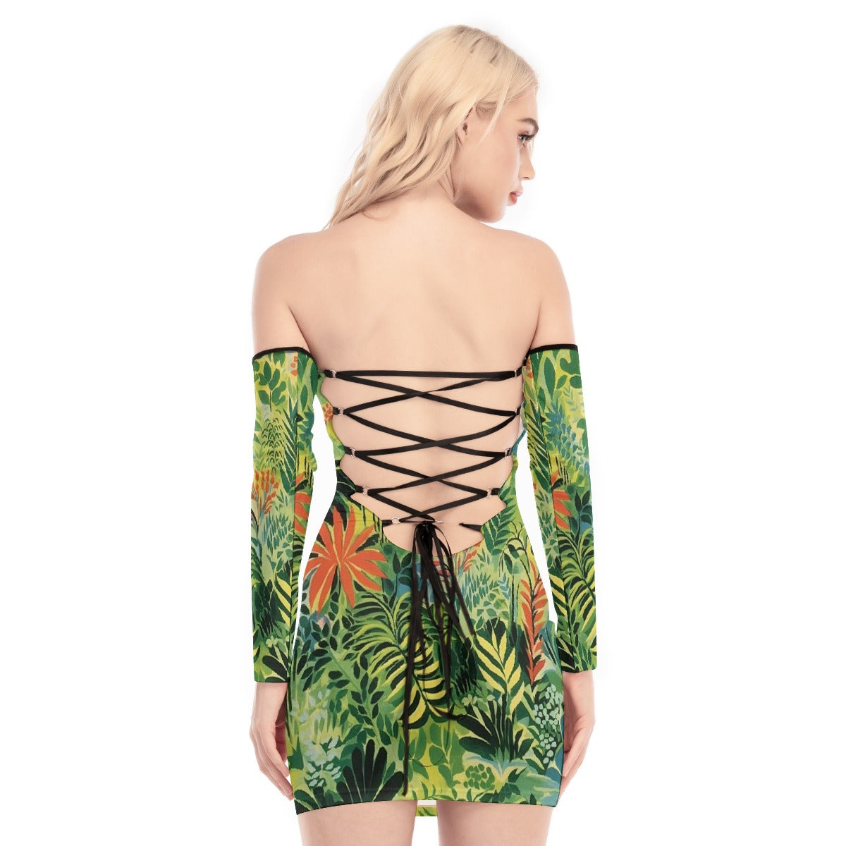 All-Over Print Women's Off-shoulder Back Lace-up Dress