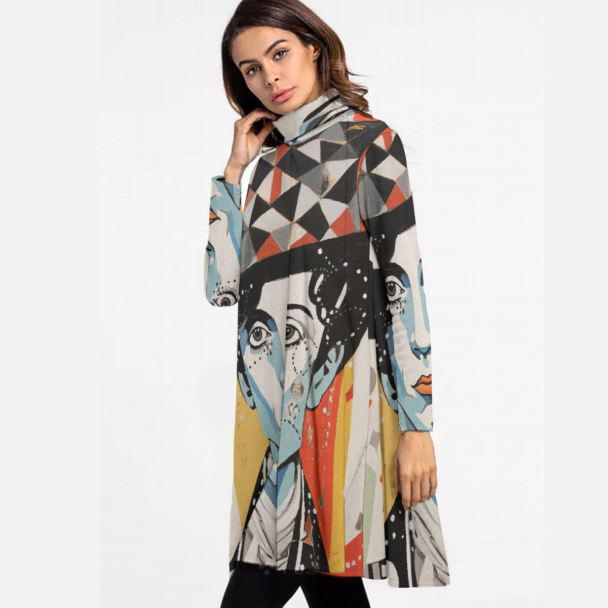 All-Over Print Women's High Neck Dress With Long Sleeve