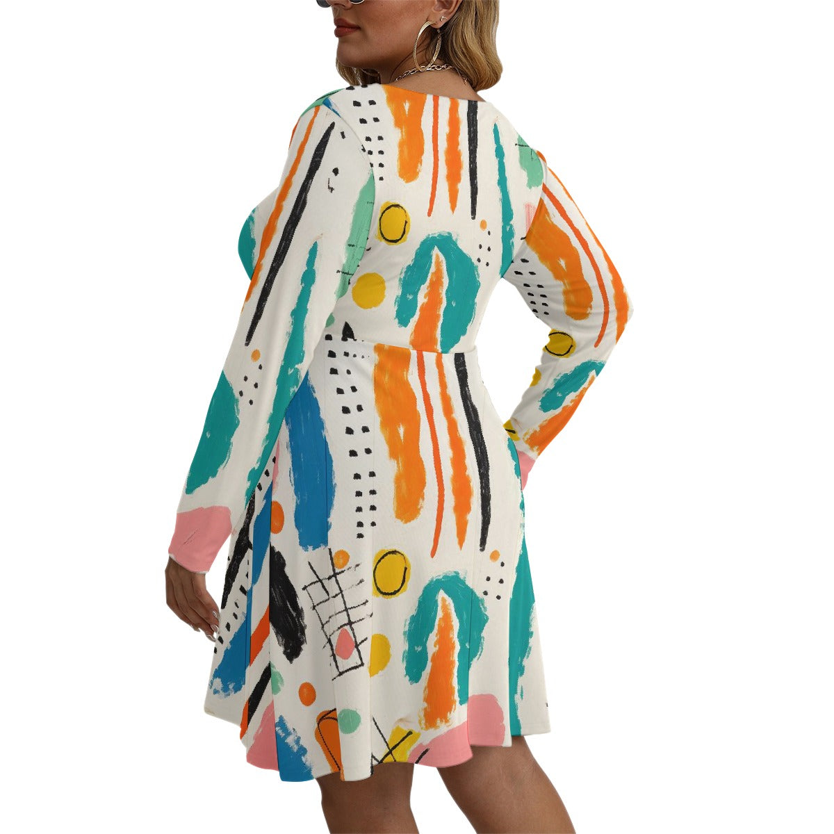 All-Over Print Women's V-neck Long Sleeve Dress(Plus Size)