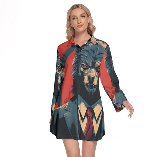 All-Over Print Women's Lapel Shirt Dress With Long Sleeve