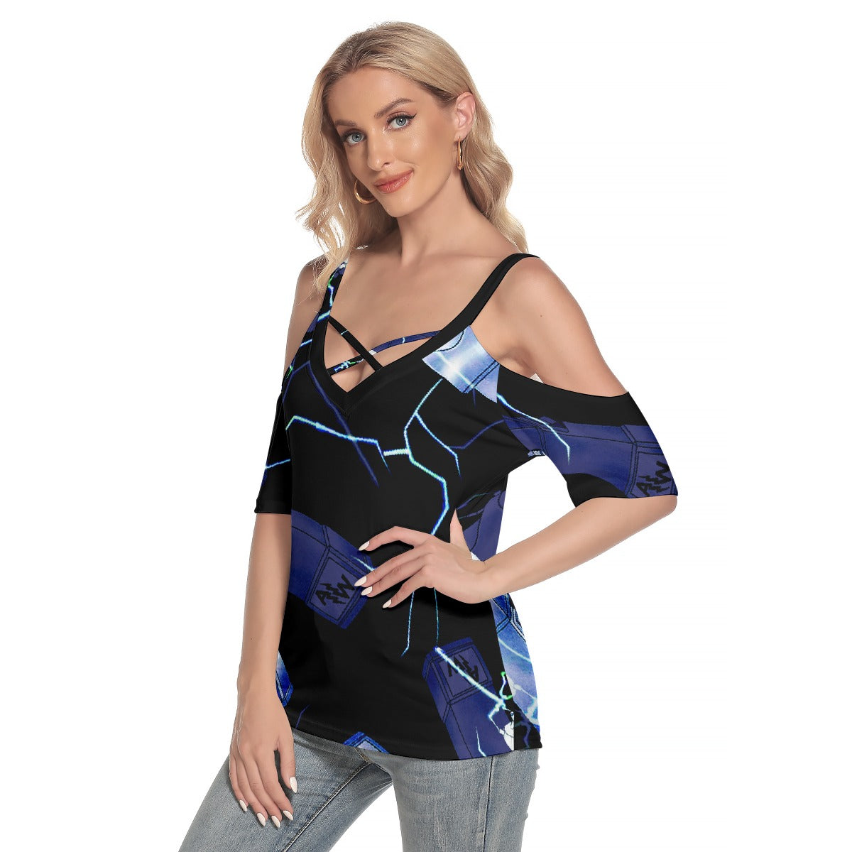 All-Over Print Women's Cold Shoulder T-shirt With Criss Cross Strips