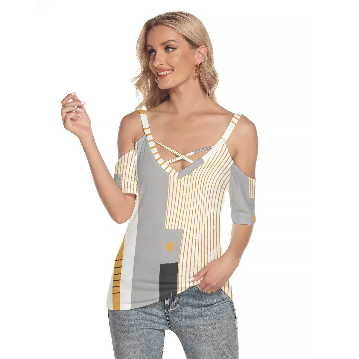 All-Over Print Women's Cold Shoulder T-shirt With Criss Cross Strips