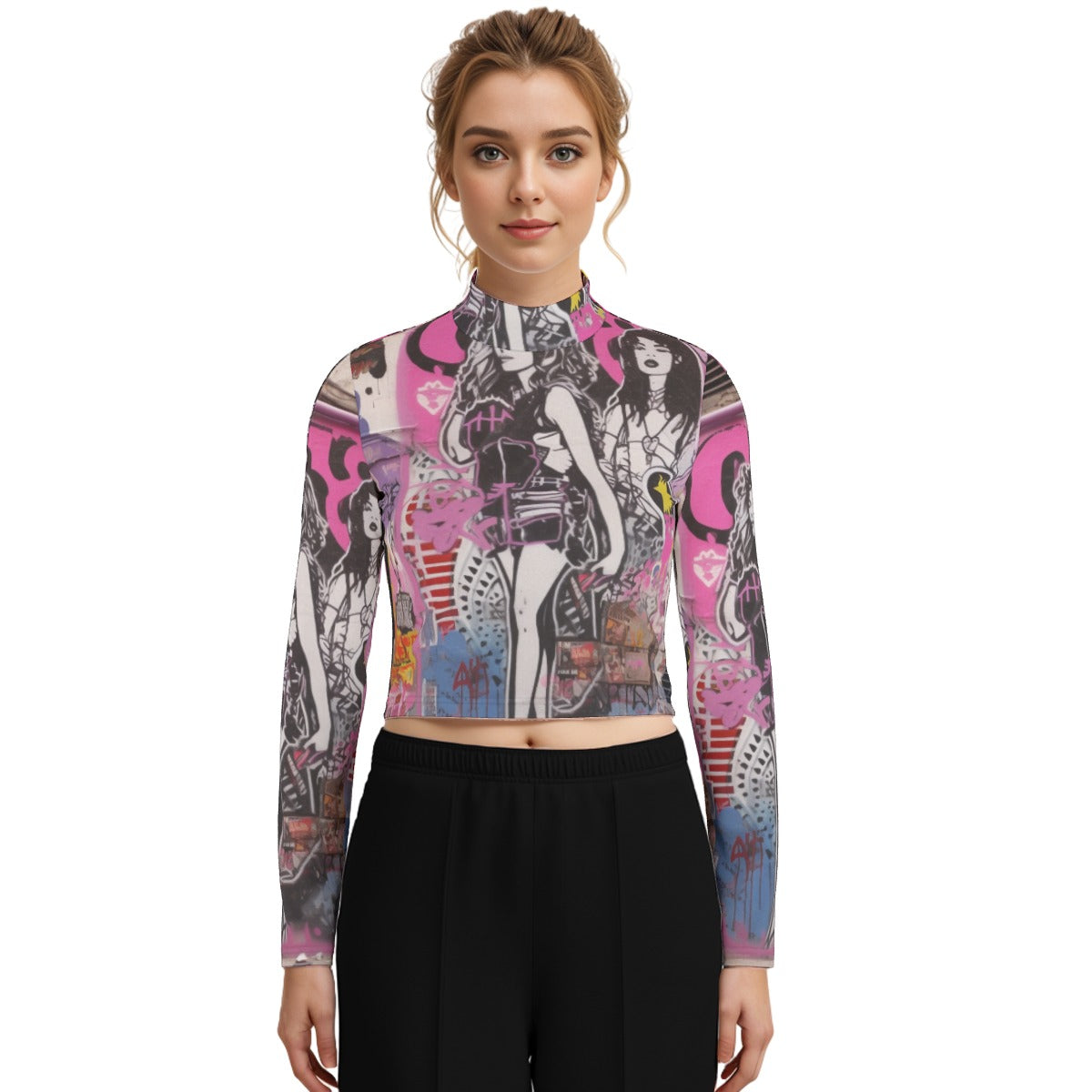 Eco-Friendly All-Over Print Women's Turtleneck T-shirt With Long Sleeve