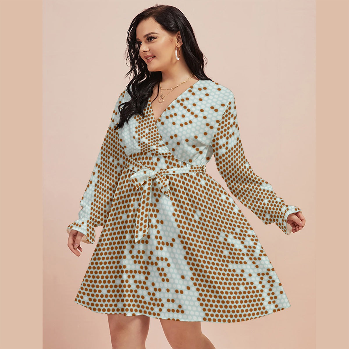 All-Over Print Women's V-neck Dress With Waistband(Plus Size)