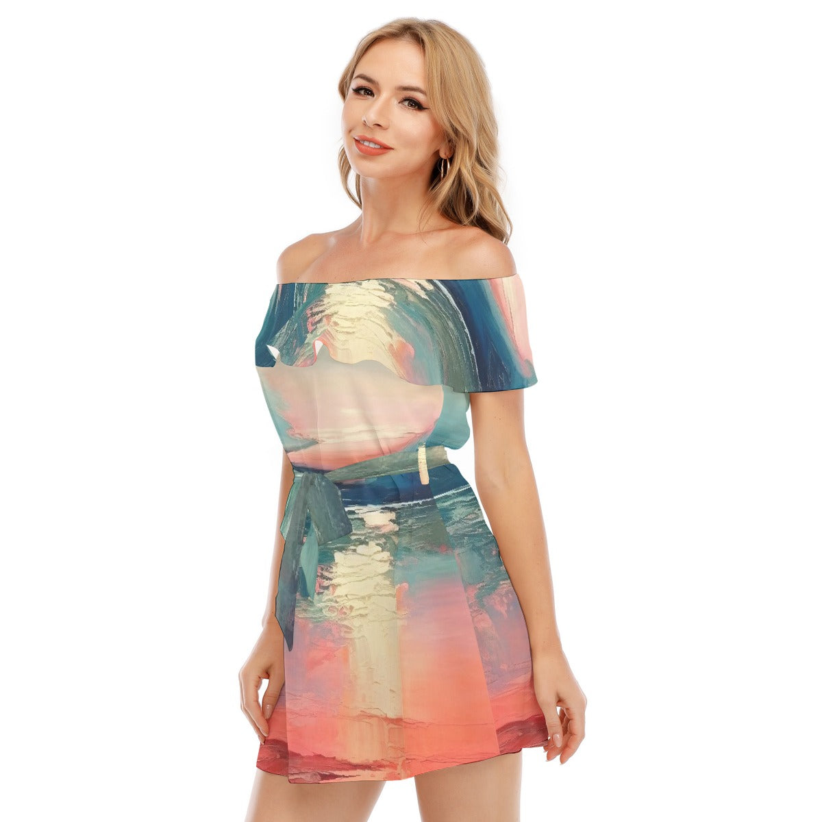 All-Over Print Women's Off-shoulder Dress With Ruffle