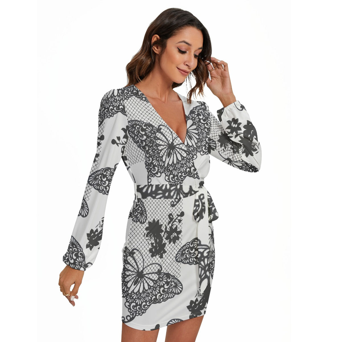 All-Over Print Women's Long Sleeve Dress With Waist Belt