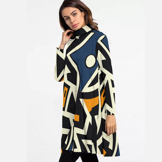 All-Over Print Women's High Neck Dress With Long Sleeve