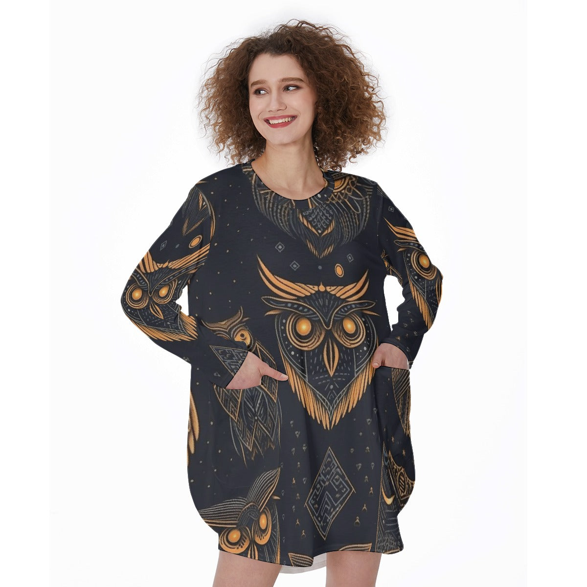 All-Over Print Women's Casual Loose Long Sleeve Dress With Pocket