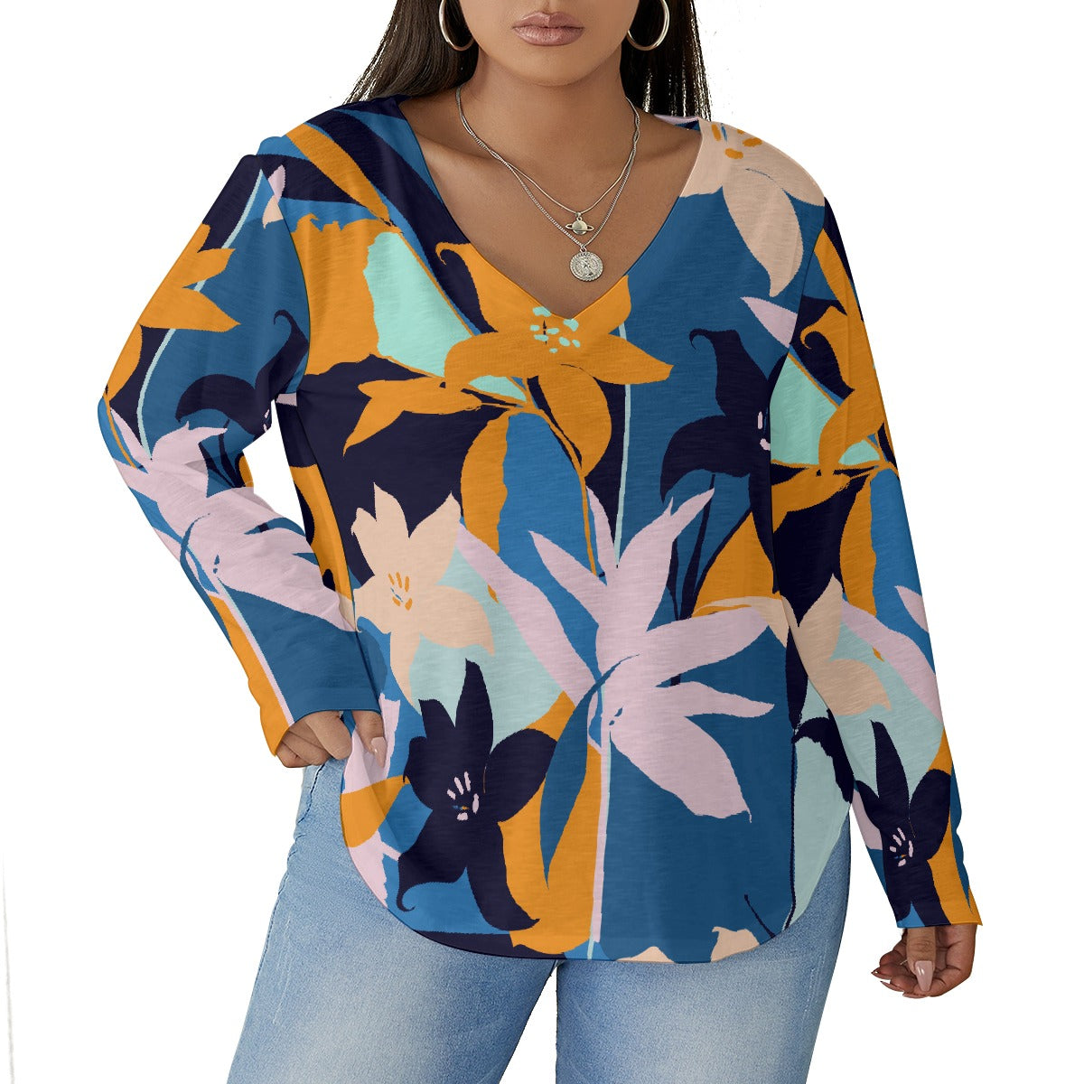 All-Over Print Women's V-neck T-shirt With Curved Hem(Plus Size)