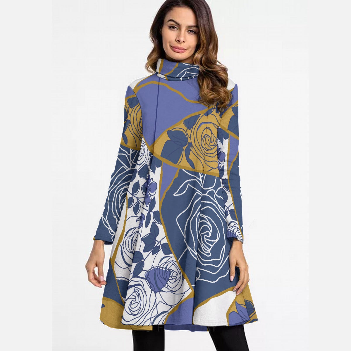 All-Over Print Women's High Neck Dress With Long Sleeve