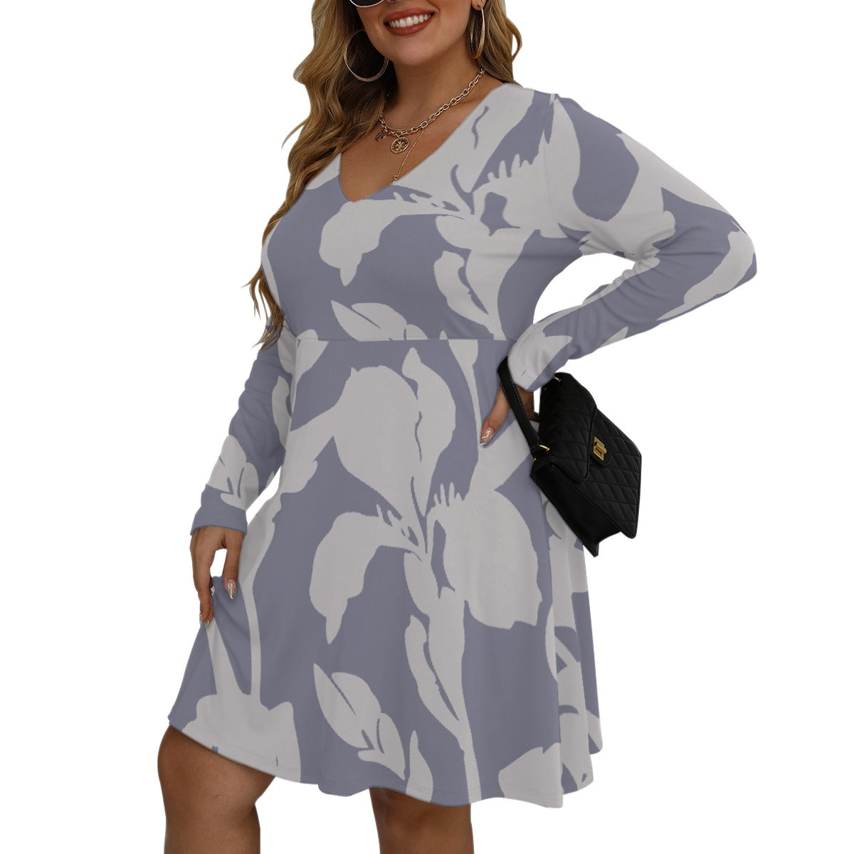 All-Over Print Women's V-neck Long Sleeve Dress(Plus Size)