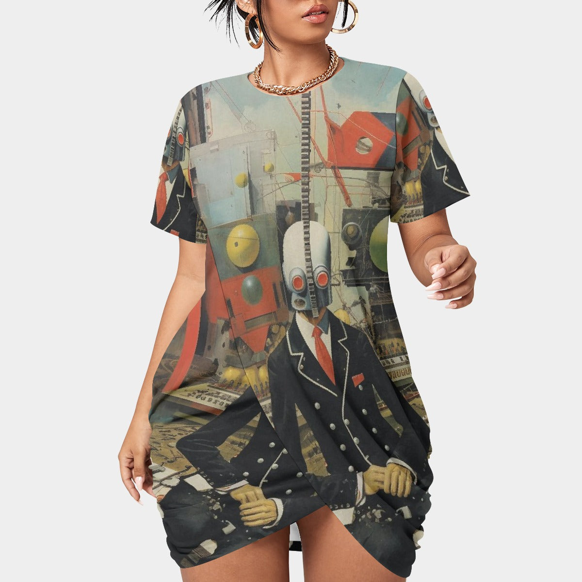 All-Over Print Women’s Stacked Hem Dress With Short Sleeve（Plus Size）