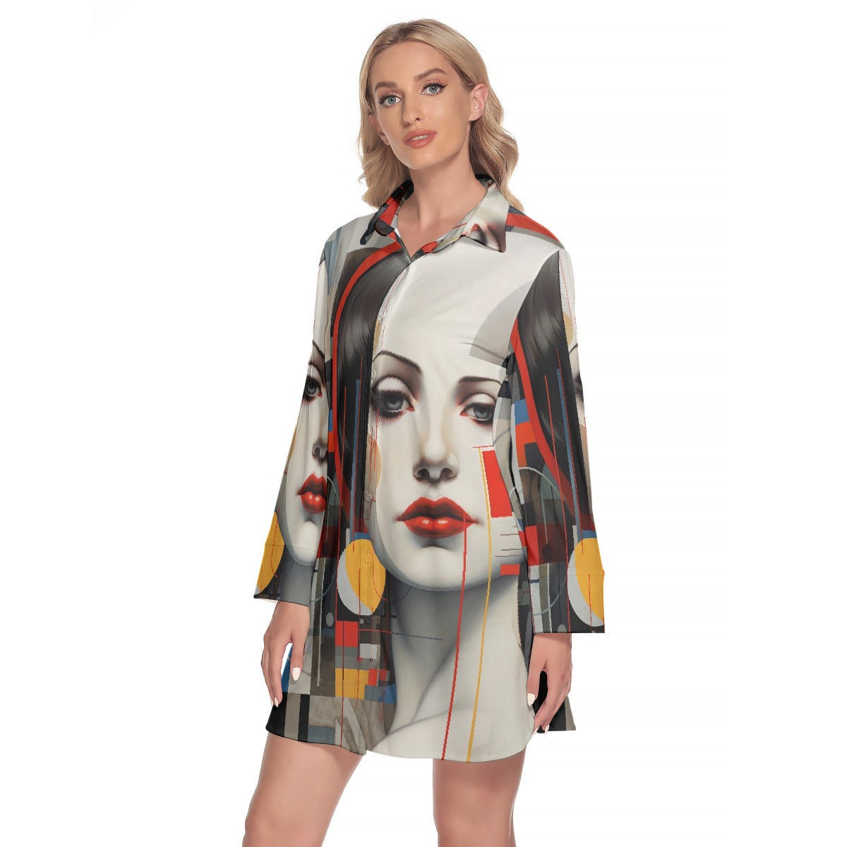 All-Over Print Women's Lapel Shirt Dress With Long Sleeve