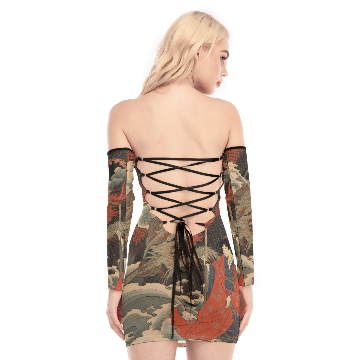 All-Over Print Women's Off-shoulder Back Lace-up Dress