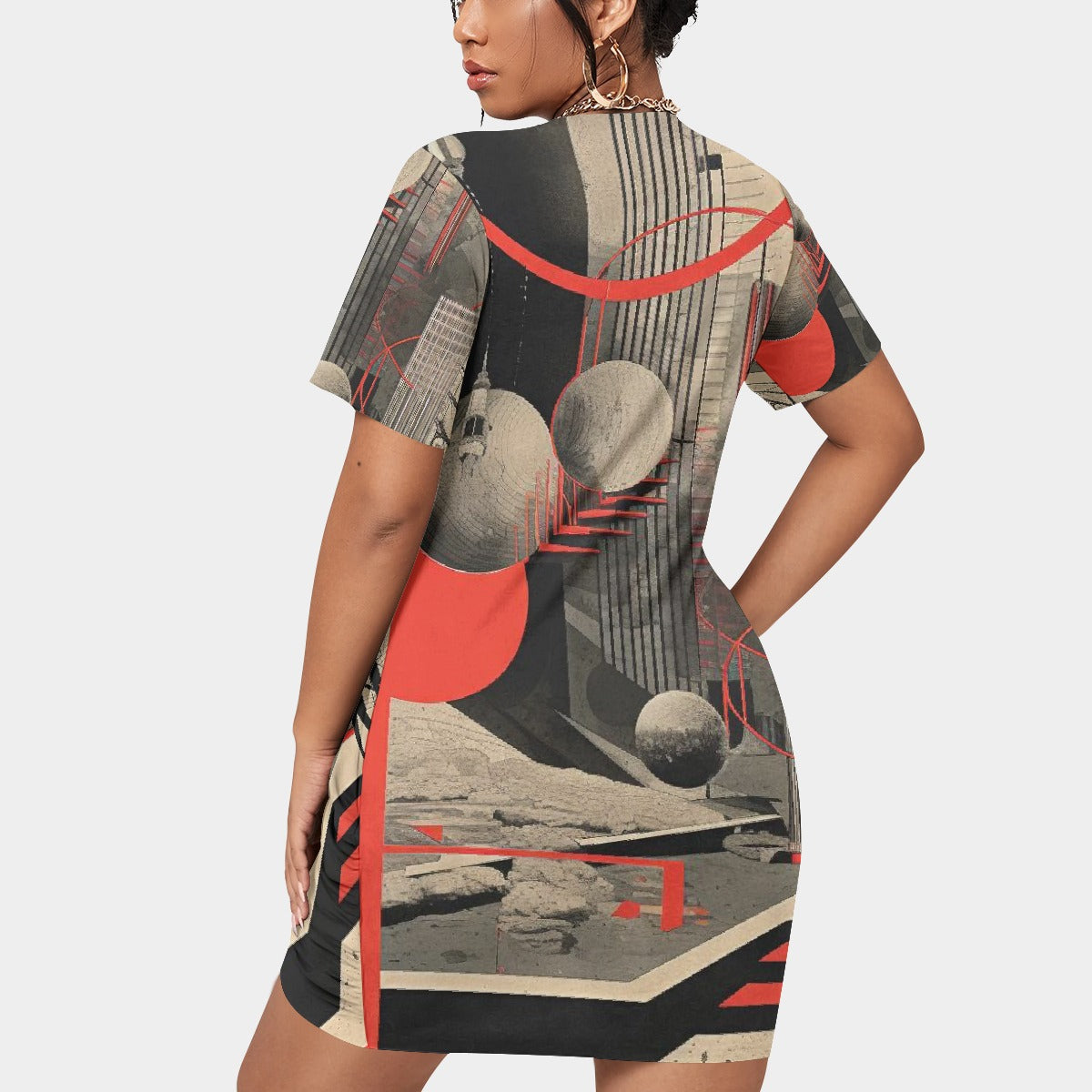 All-Over Print Women’s Stacked Hem Dress With Short Sleeve（Plus Size）