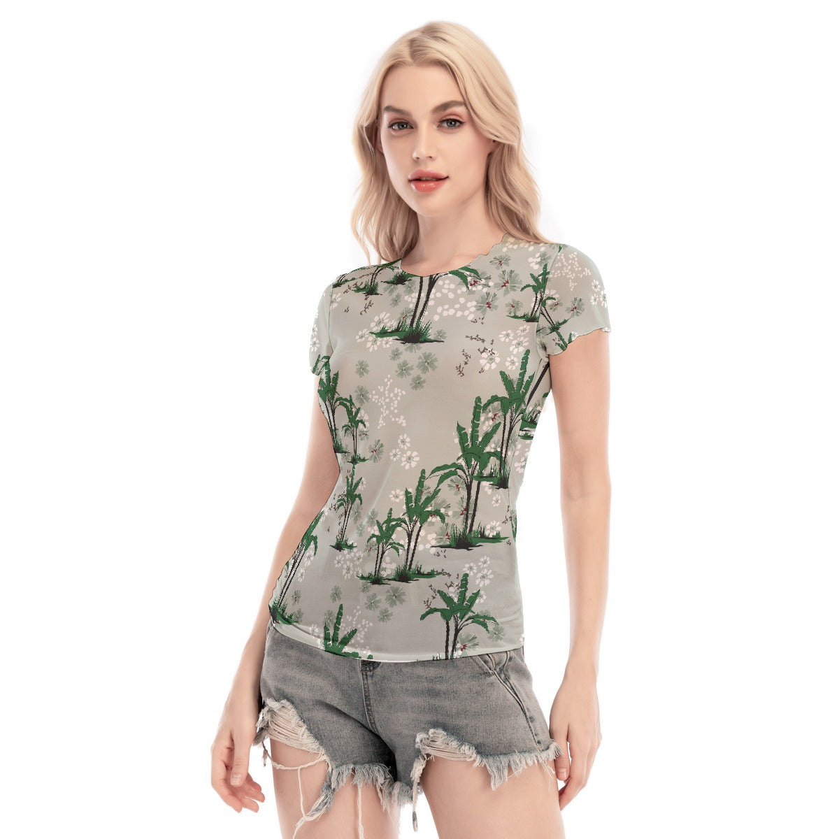 All-Over Print Women's Short Sleeve Mesh Blouse