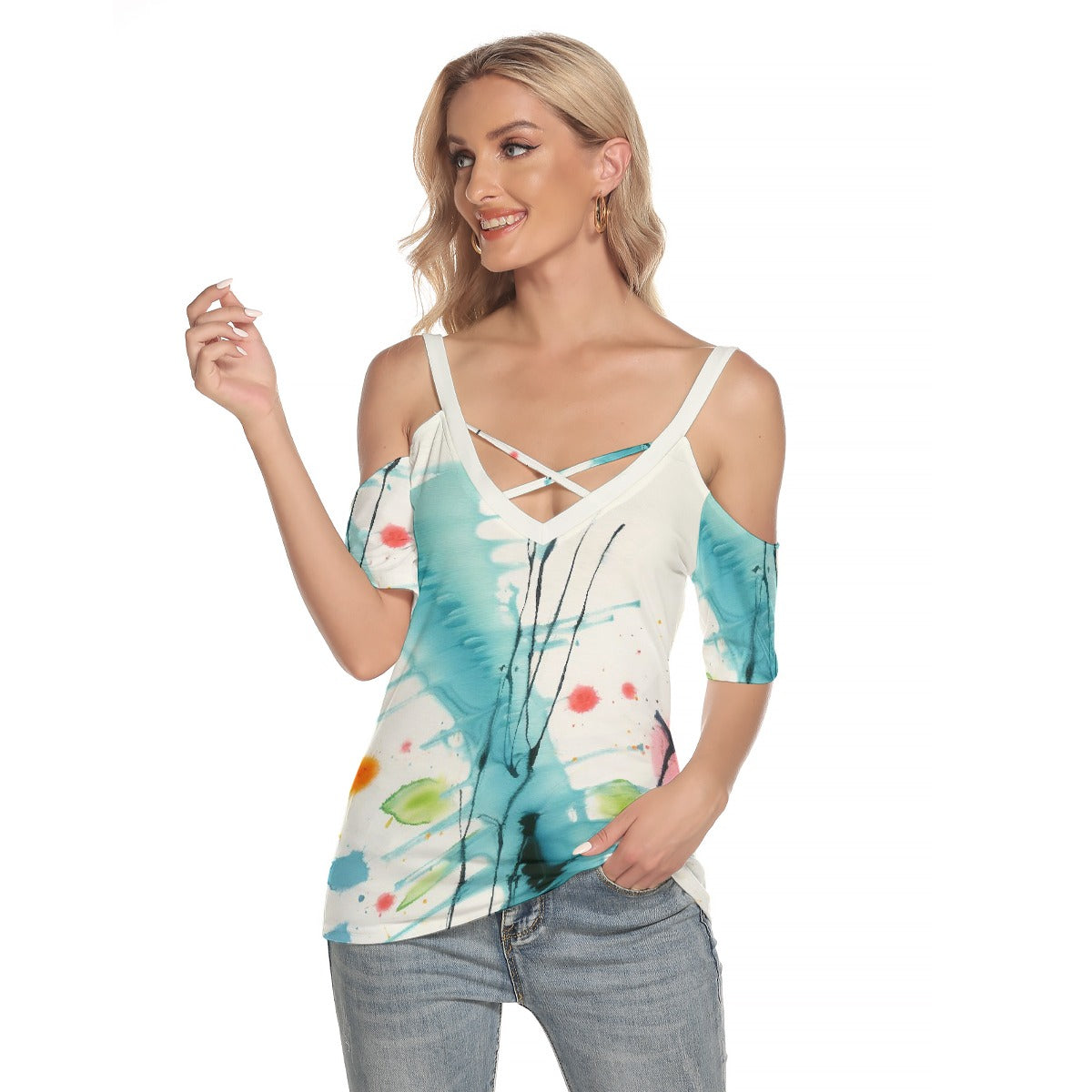 All-Over Print Women's Cold Shoulder T-shirt With Criss Cross Strips