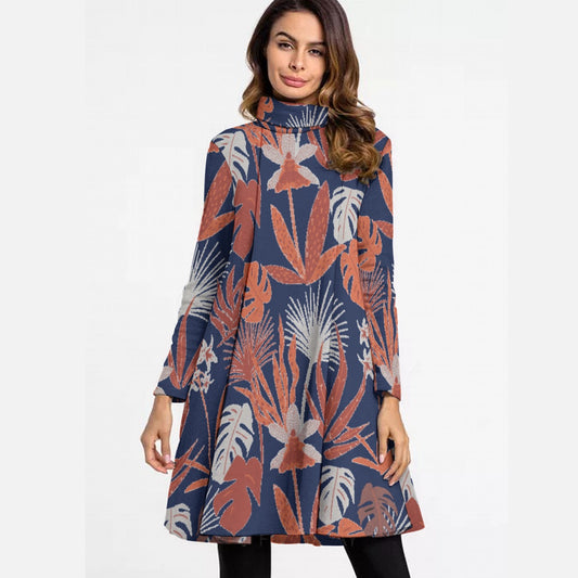 All-Over Print Women's High Neck Dress With Long Sleeve