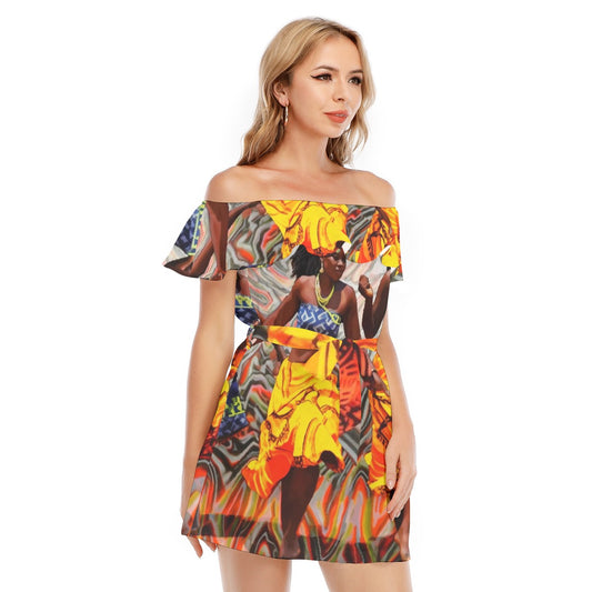 All-Over Print Women's Off-shoulder Dress With Ruffle