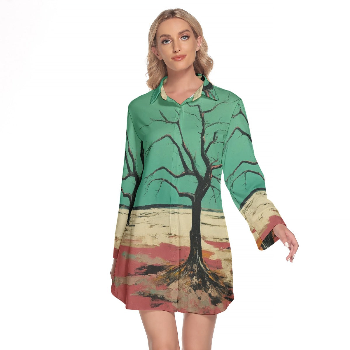 All-Over Print Women's Lapel Shirt Dress With Long Sleeve