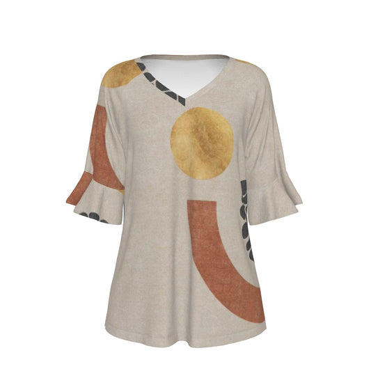 All-Over Print V-neck Women's T-shirt With Bell Sleeve