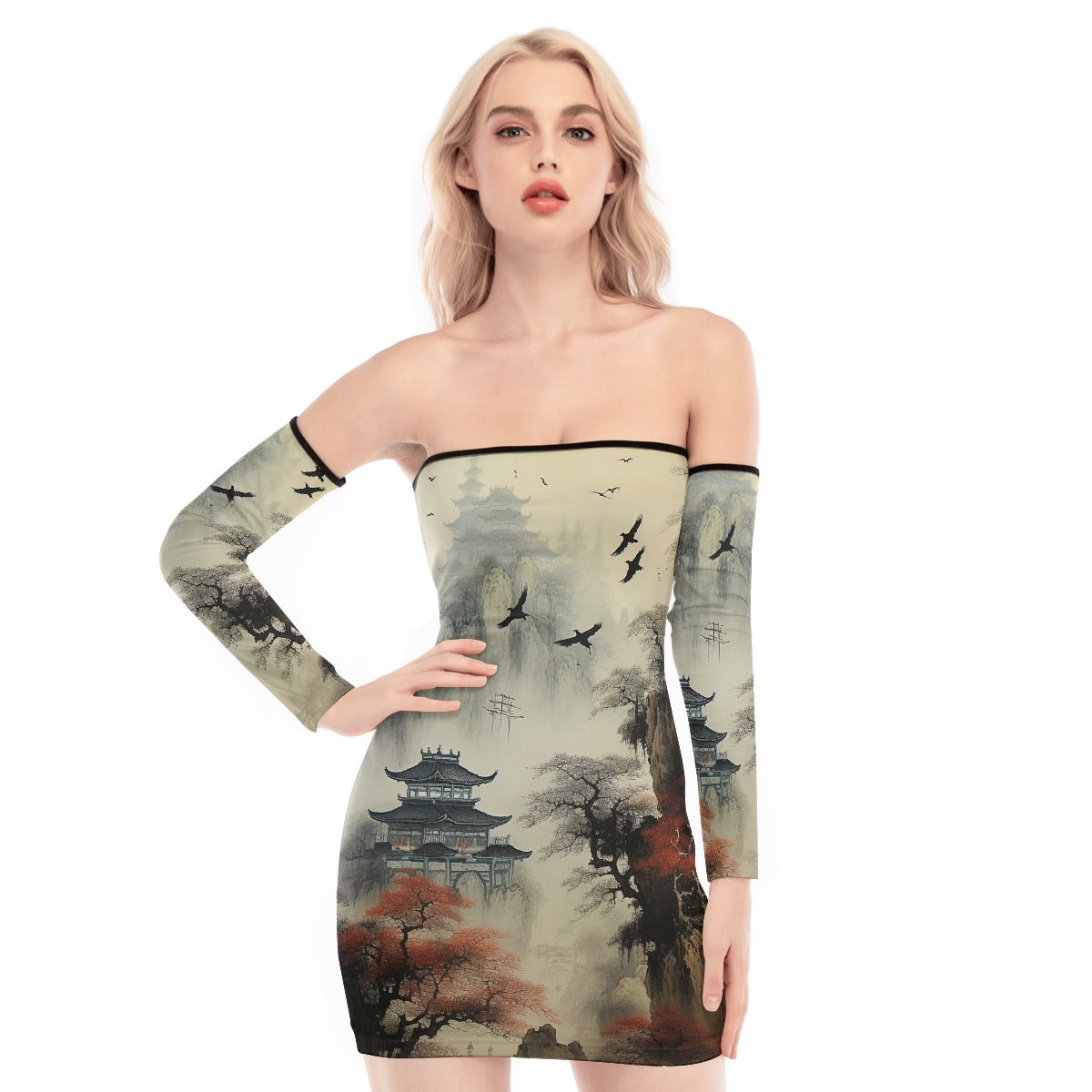 All-Over Print Women's Off-shoulder Back Lace-up Dress