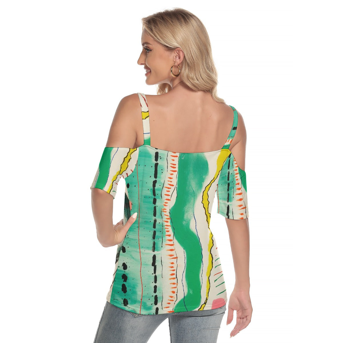 All-Over Print Women's Cold Shoulder T-shirt With Criss Cross Strips