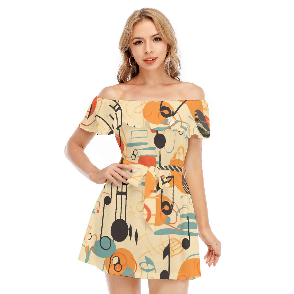 All-Over Print Women's Off-shoulder Dress With Ruffle