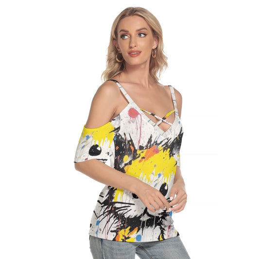 All-Over Print Women's Cold Shoulder T-shirt With Criss Cross Strips