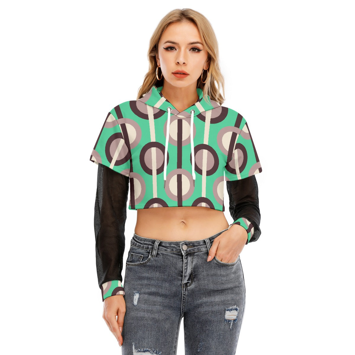 All-Over Print Women's Fake Two-piece Mesh Sleeve Cropped Hoodie