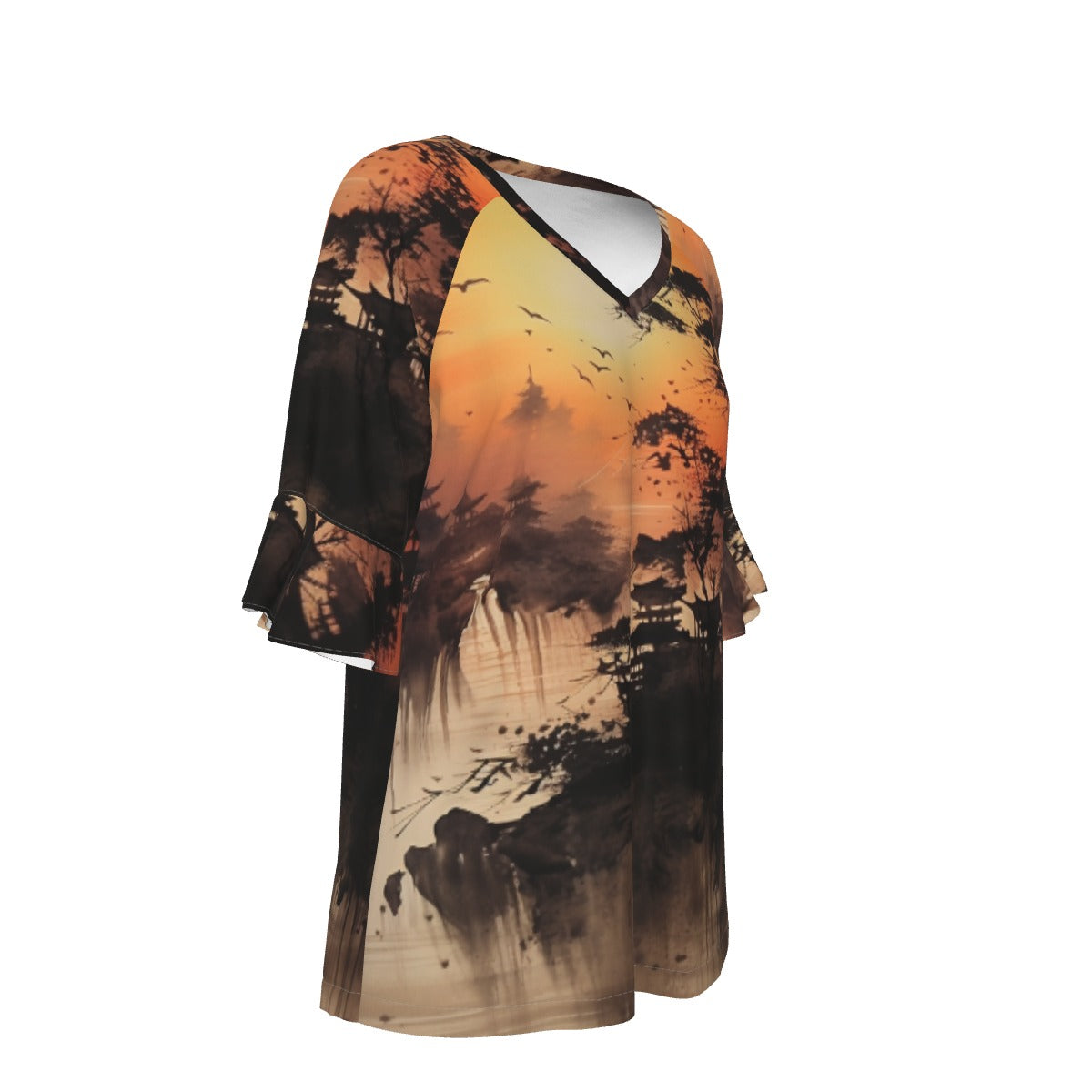 All-Over Print V-neck Women's T-shirt With Bell Sleeve