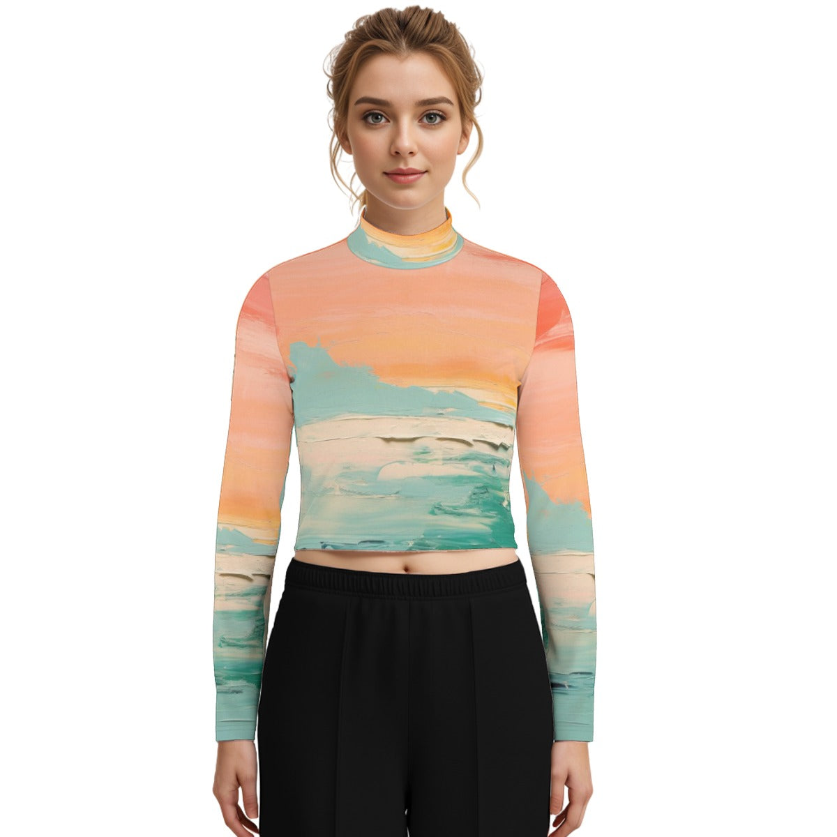 Eco-Friendly All-Over Print Women's Turtleneck T-shirt With Long Sleeve