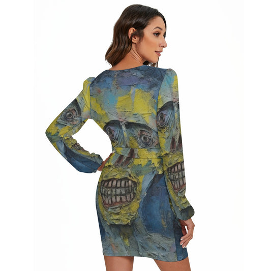 All-Over Print Women's Long Sleeve Dress With Waist Belt