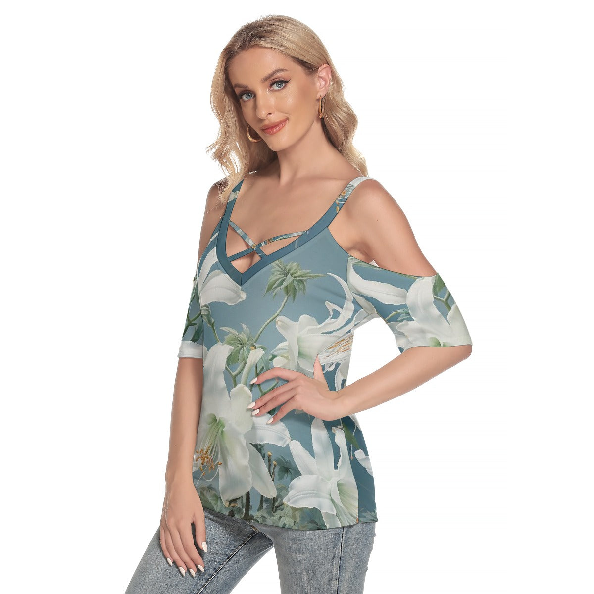 All-Over Print Women's Cold Shoulder T-shirt With Criss Cross Strips