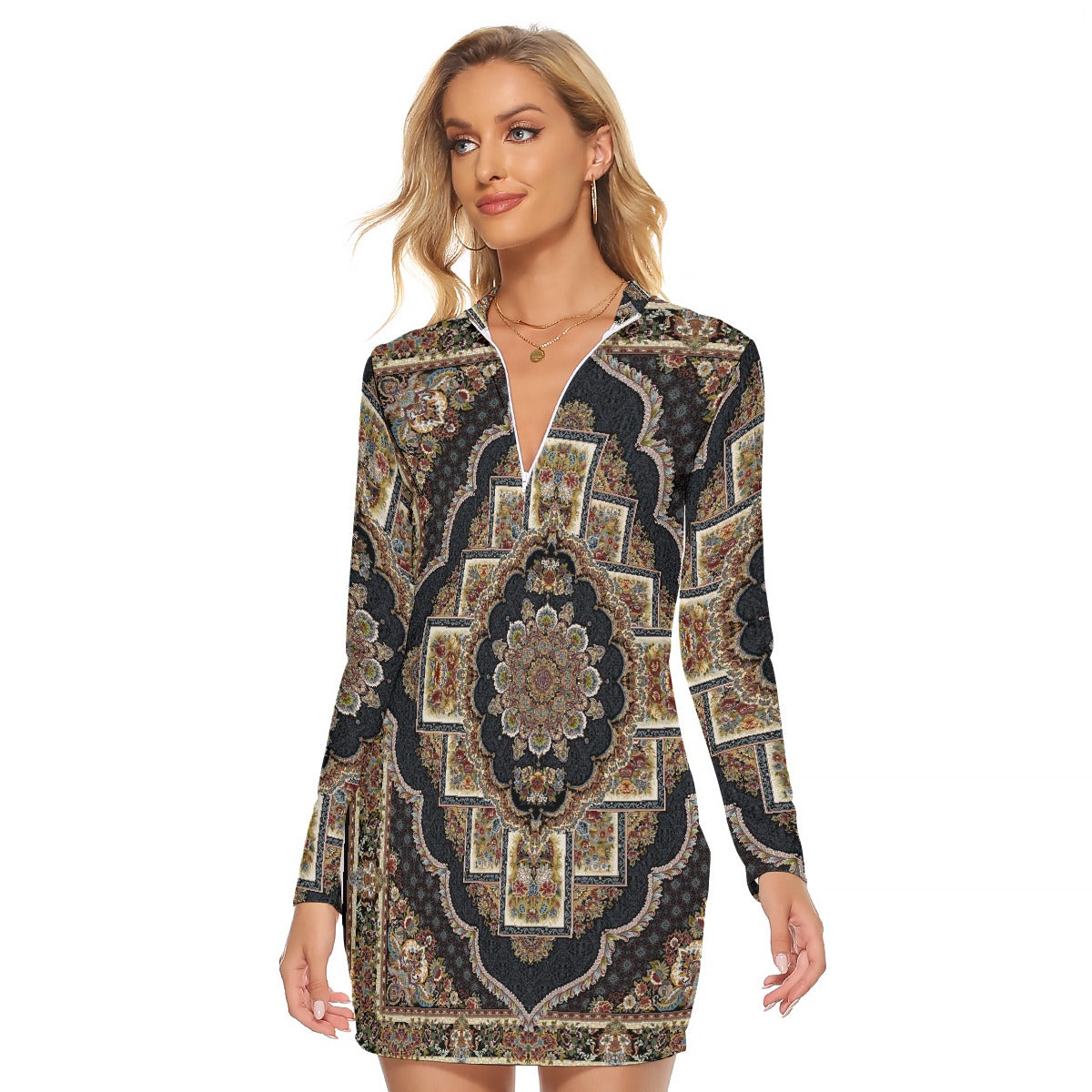 All-Over Print Women's Zip Front Tight Dress