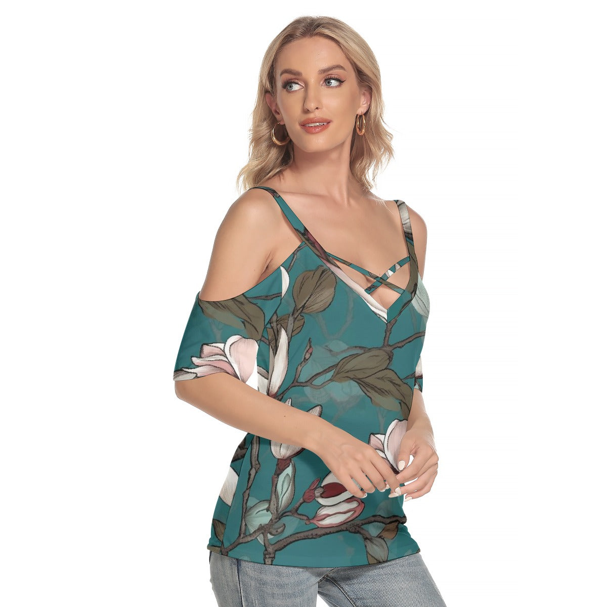 All-Over Print Women's Cold Shoulder T-shirt With Criss Cross Strips