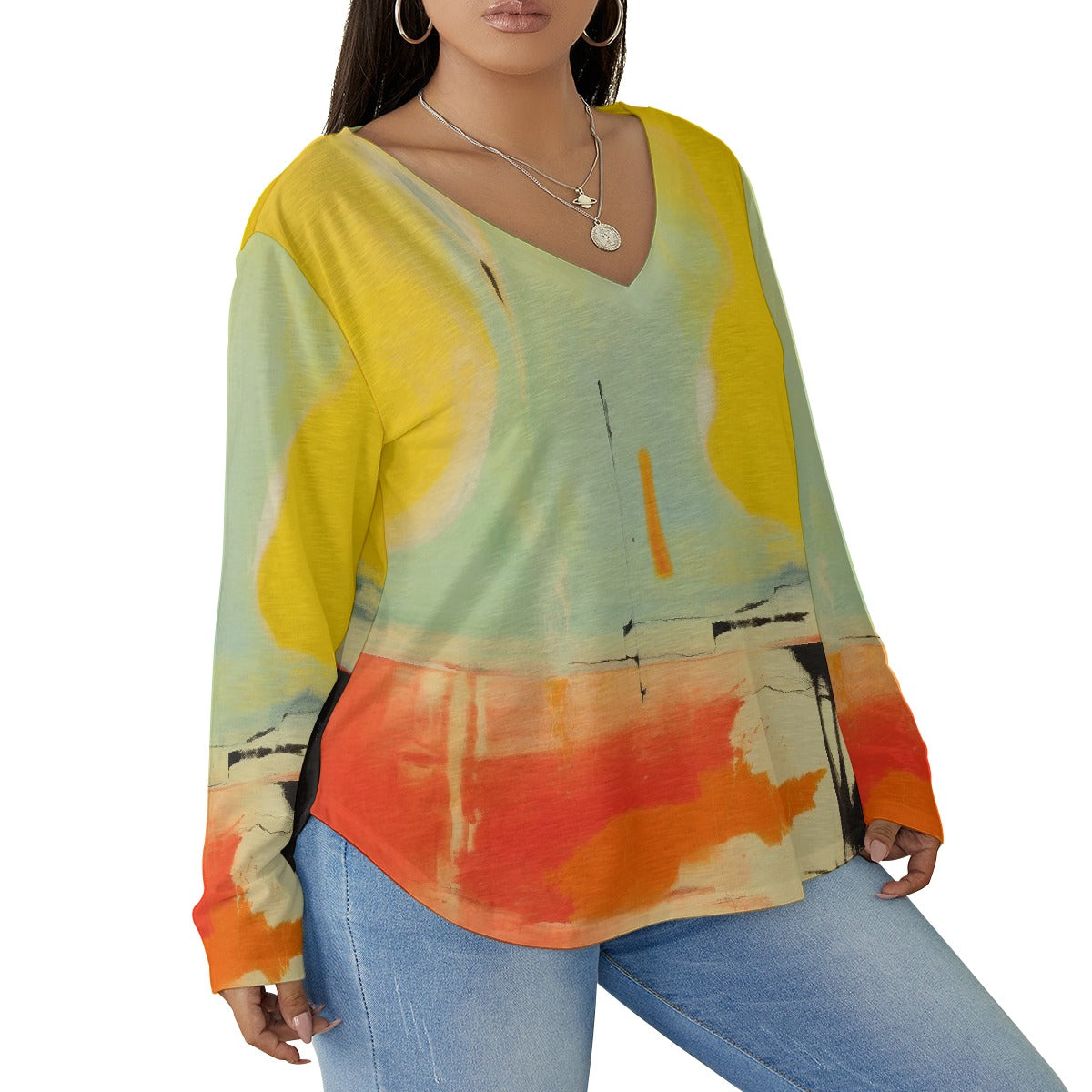 All-Over Print Women's V-neck T-shirt With Curved Hem(Plus Size)