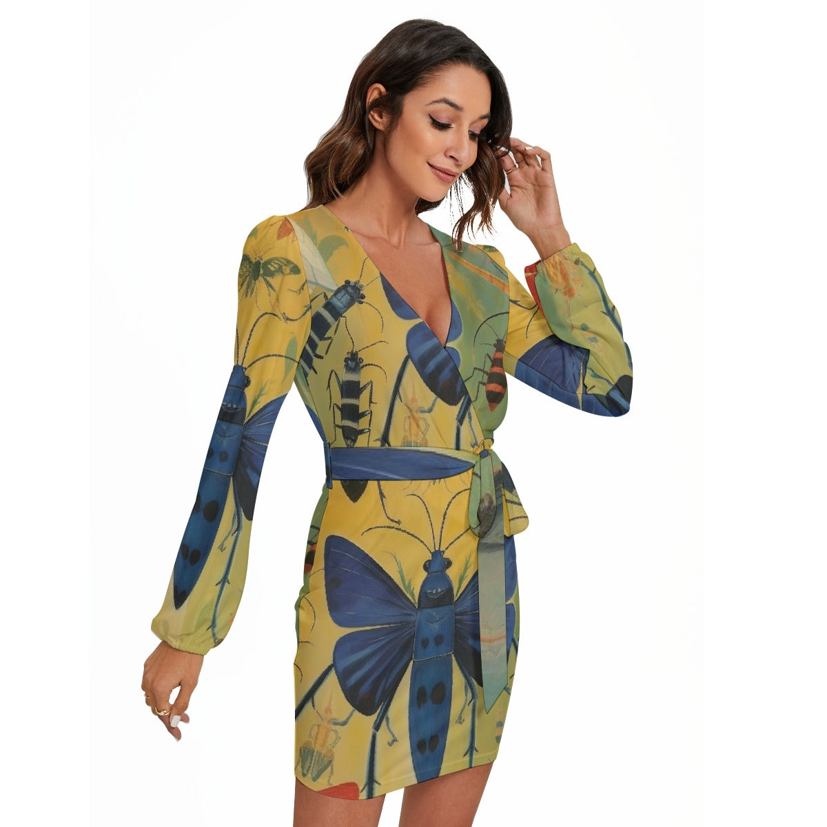 All-Over Print Women's Long Sleeve Dress With Waist Belt