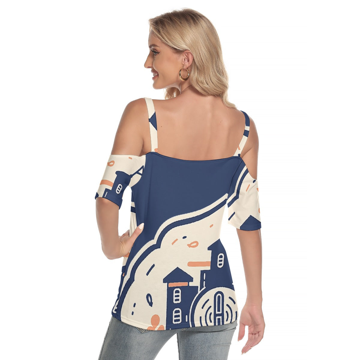 All-Over Print Women's Cold Shoulder T-shirt With Criss Cross Strips