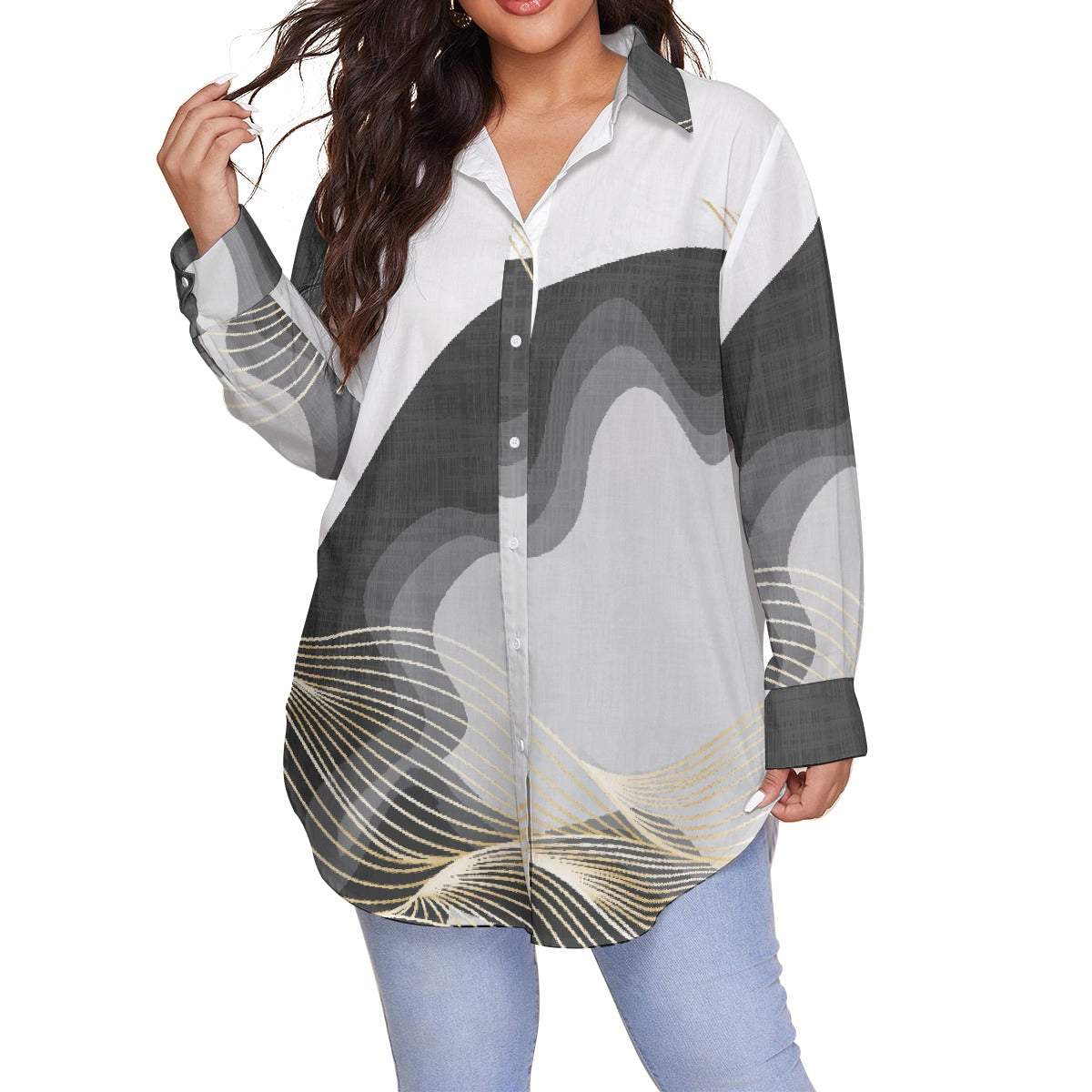 All-Over Print Women's Shirt With Long Sleeve(Plus Size)