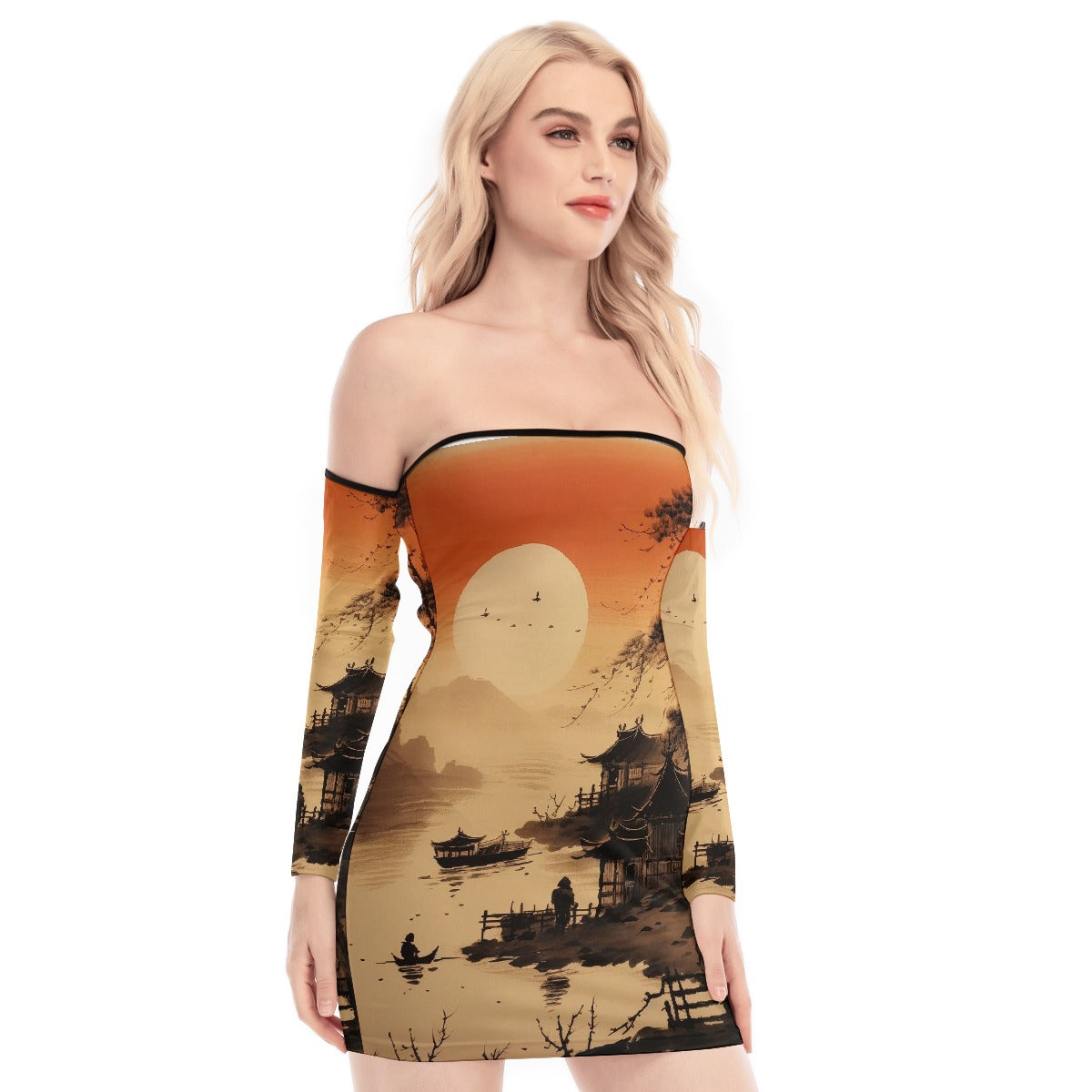 All-Over Print Women's Off-shoulder Back Lace-up Dress