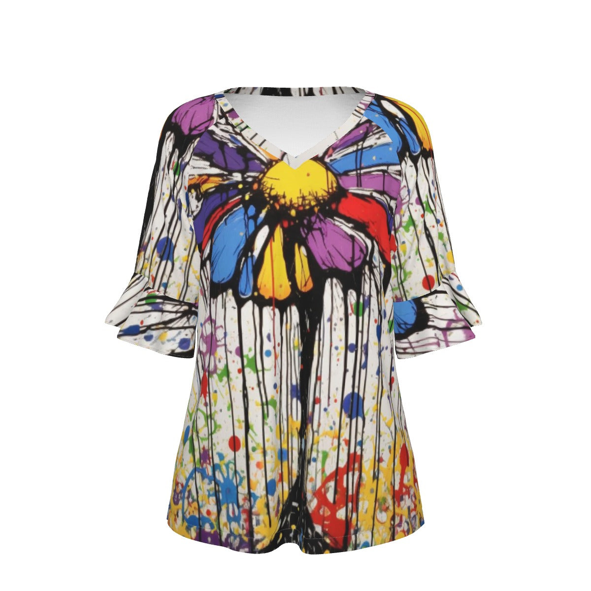 All-Over Print V-neck Women's T-shirt With Bell Sleeve