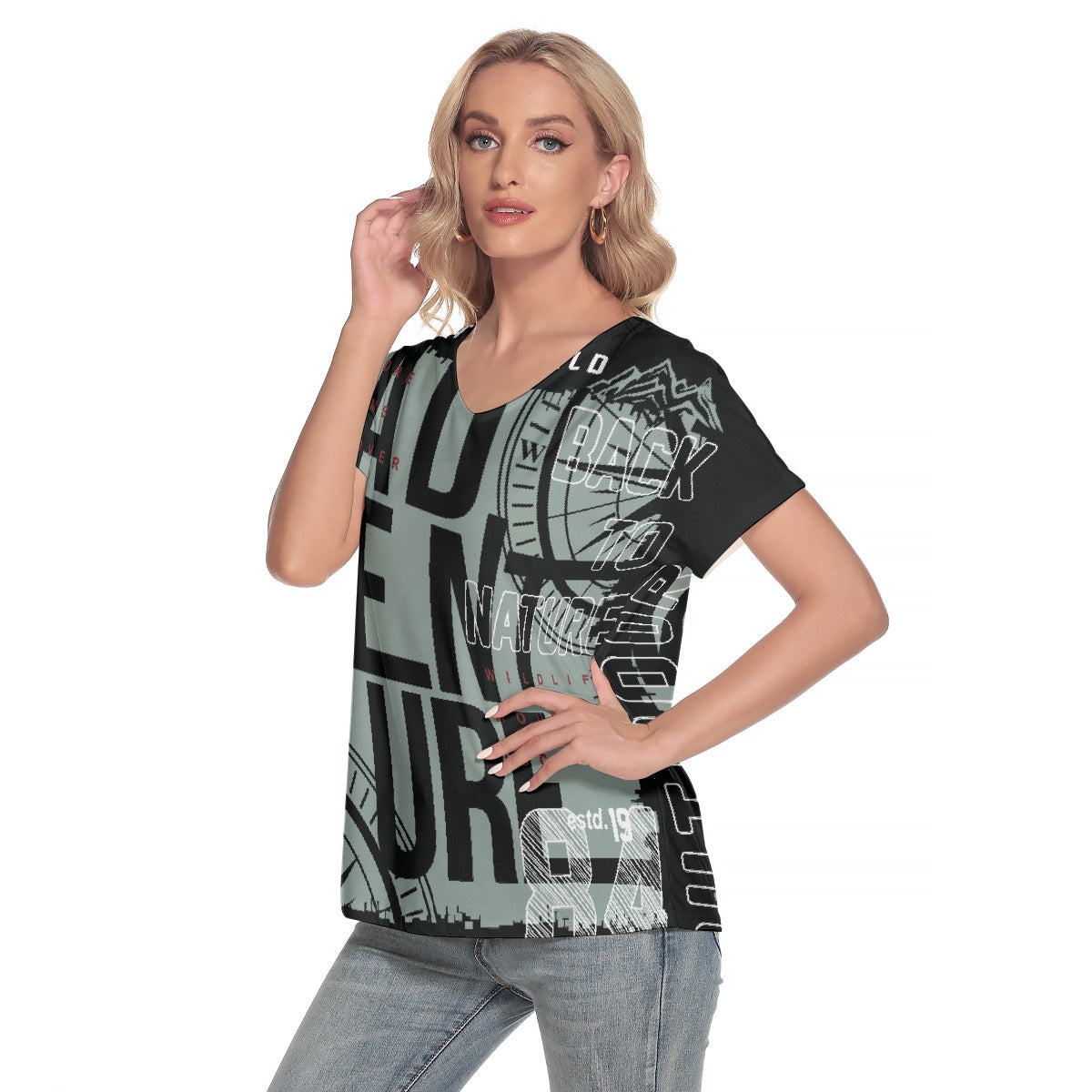 All-Over Print Women's Loose V-neck Short Sleeve T-shirt