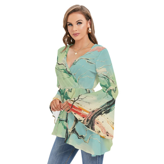 All-Over Print Women's V-neck Blouse With Flared Sleeves