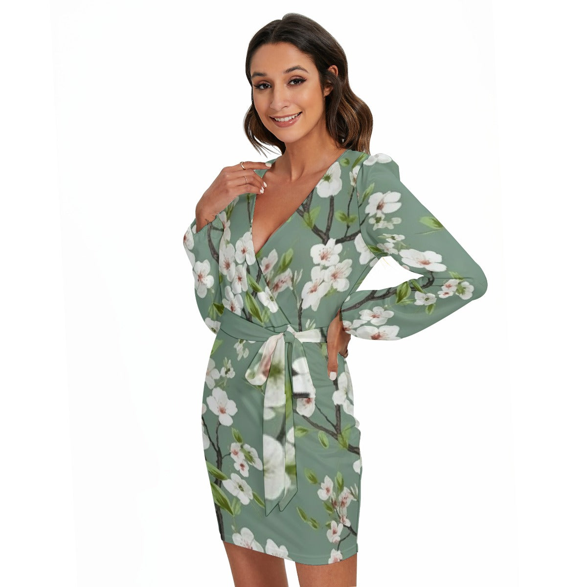 All-Over Print Women's Long Sleeve Dress With Waist Belt