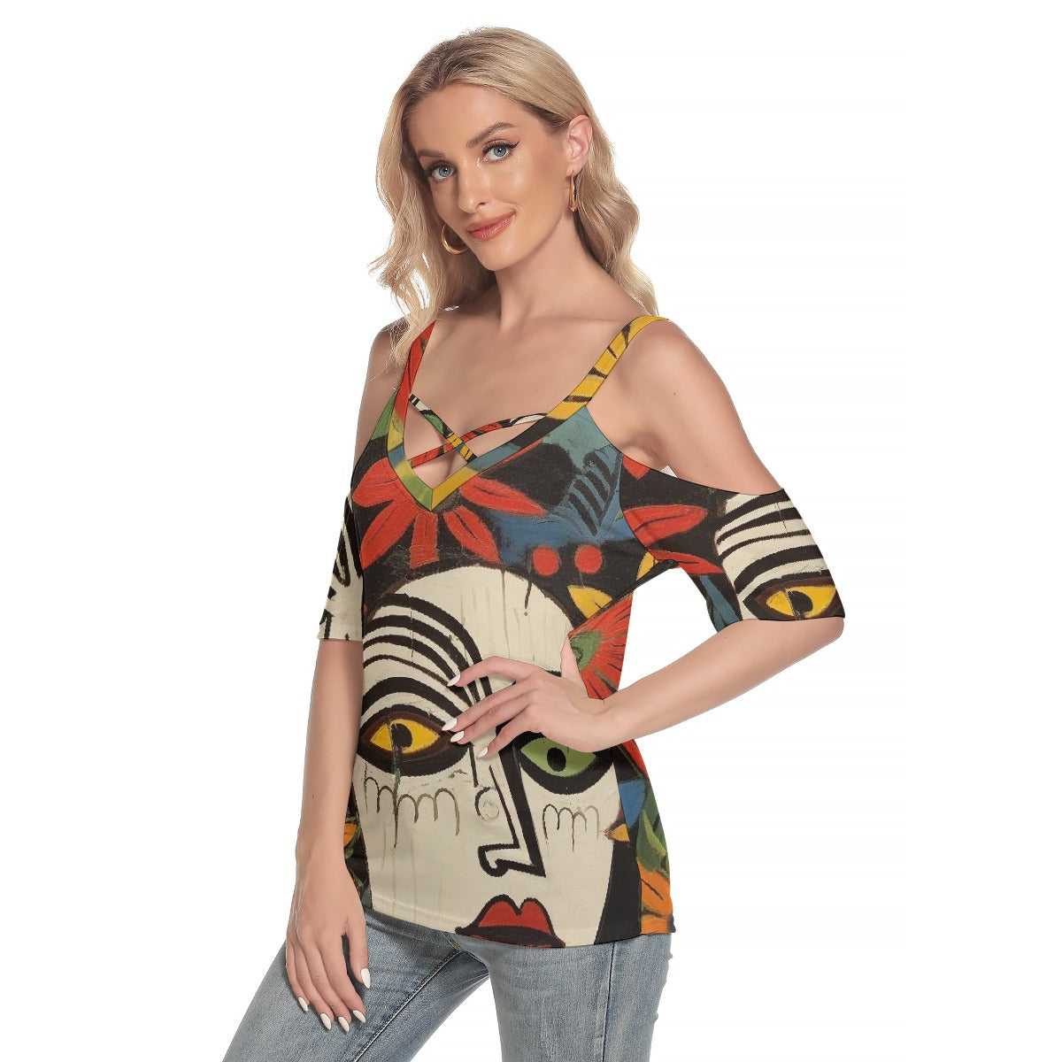 All-Over Print Women's Cold Shoulder T-shirt With Criss Cross Strips